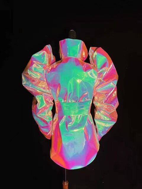 Reflective Rave dj lady gaga show music Festival singer Luminous fabric Laser Colours Leather Design Trench coat