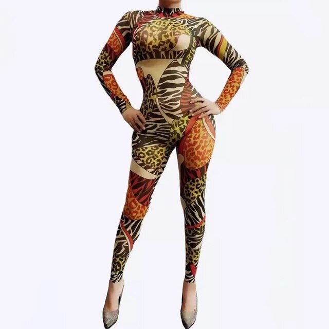 Leopard Printed Bodycon Jumpsuit Sexy Stage Wear Dancer Pole Dance Costume Acrobatic Performance Leotard Bar Party Tight Outfits