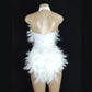 Sexy Suspenders White Feather Dress Colorful Rhinestone Backless Jumpsuit Nightclub Party DJ Stage Performance