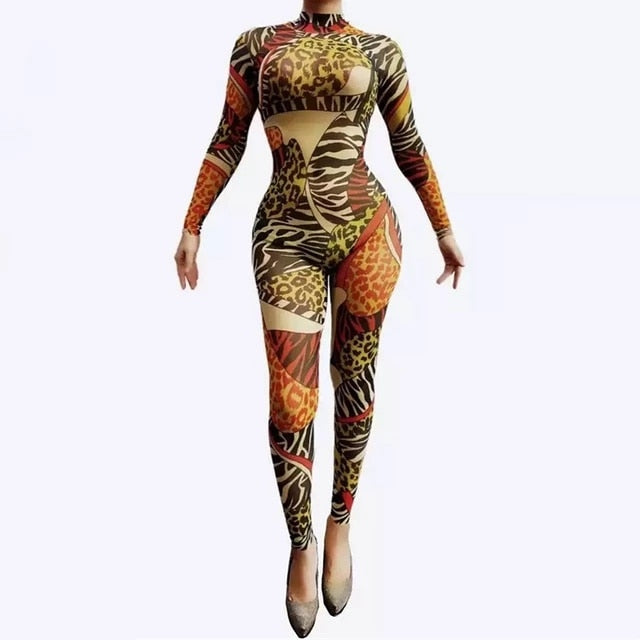 Leopard Printed Bodycon Jumpsuit Sexy Stage Wear Dancer Pole Dance Costume Acrobatic Performance Leotard Bar Party Tight Outfits