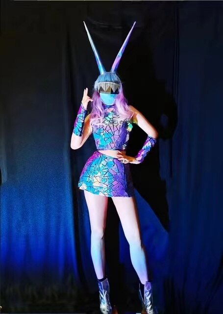 Mujer Sexy azul espejo vestido Gogo danza actuación Clubwear fiesta Copslay moda disfraz