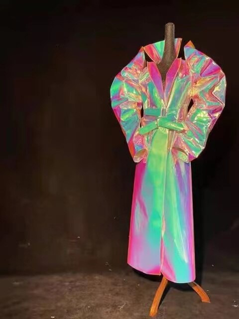 Reflective Rave dj lady gaga show music Festival singer Luminous fabric Laser Colours Leather Design Trench coat