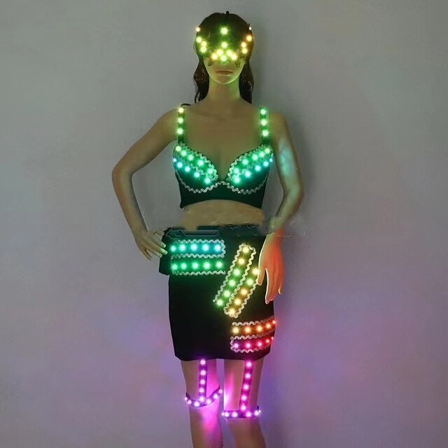 Traje LED a todo color Mujer sexy Vestido luminoso Baile en barra Ropa brillante Trajes de stripper enmascarados DJ DS Trajes de sujetador iluminados