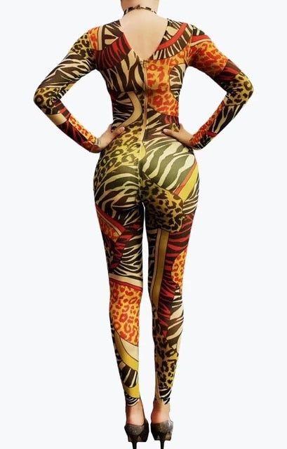 Leopard Printed Bodycon Jumpsuit Sexy Stage Wear Dancer Pole Dance Costume Acrobatic Performance Leotard Bar Party Tight Outfits