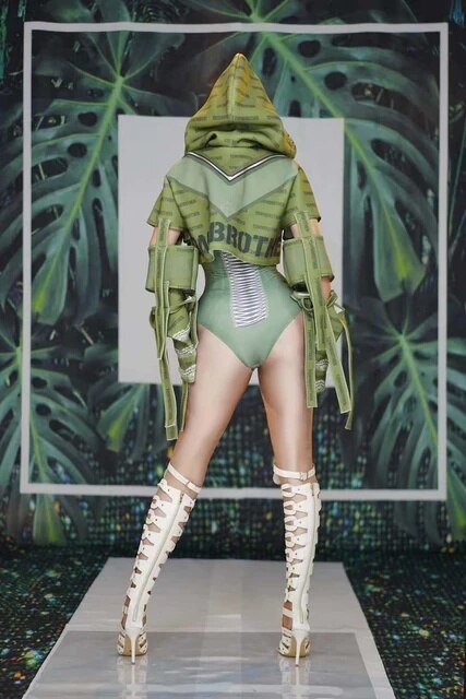 アーミーグリーン 3D プリント ボディスーツ 女性歌手 ステージ衣装