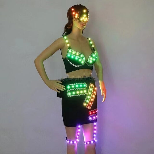 Traje LED a todo color Mujer sexy Vestido luminoso Baile en barra Ropa brillante Trajes de stripper enmascarados DJ DS Trajes de sujetador iluminados