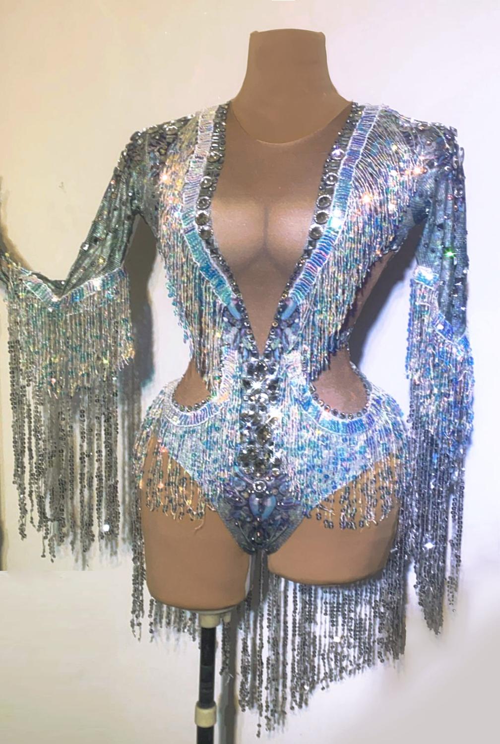 Sparkling Silver Rhinestone Sequin Tassel Party Bodysuit