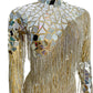 Flashing Silver Mirror Rhinestone Chain Bodysuit