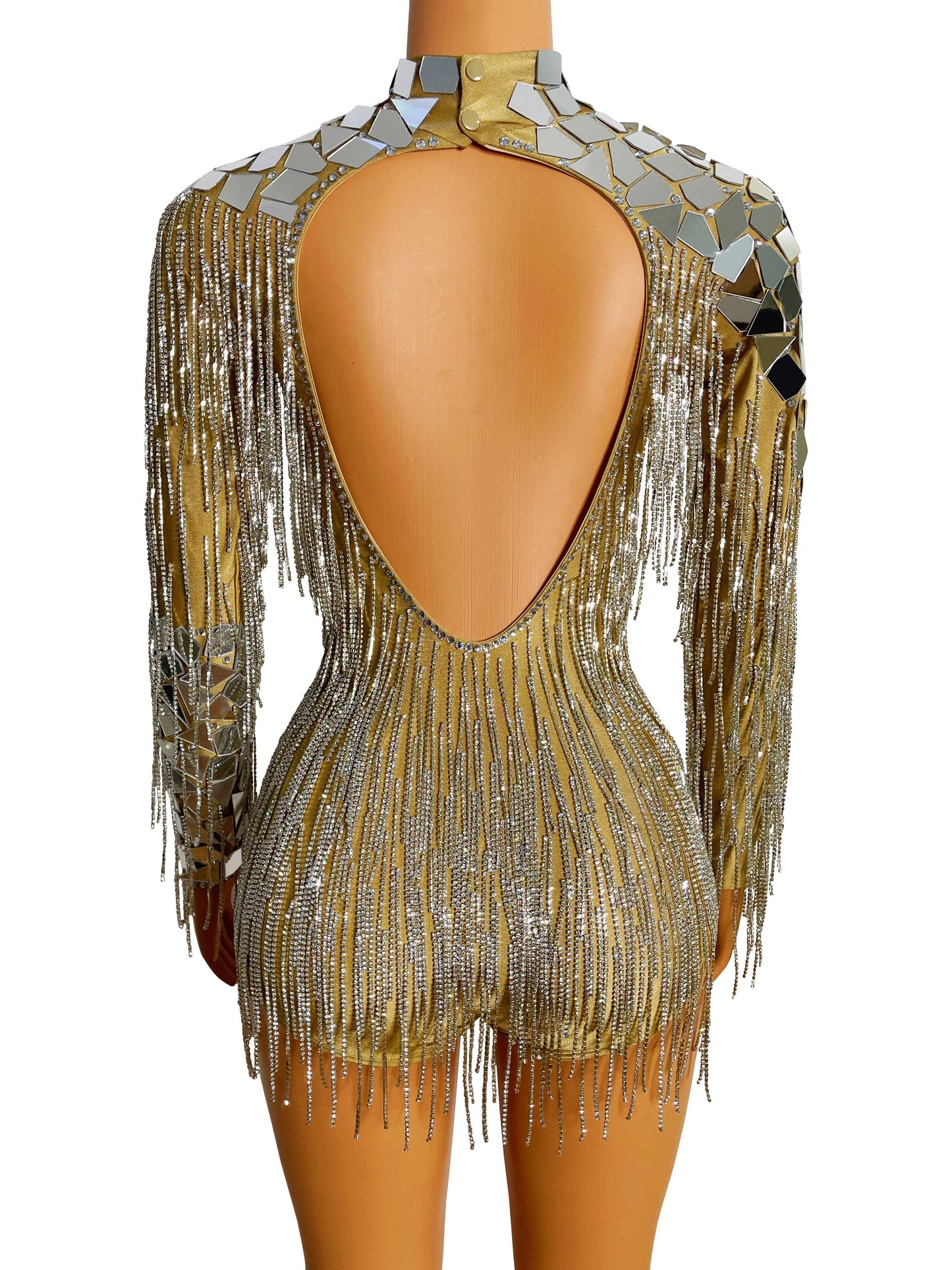 Flashing Silver Mirror Rhinestone Chain Bodysuit