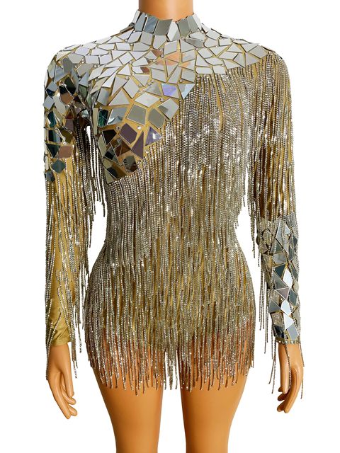 Flashing Silver Mirror Rhinestone Chain Bodysuit