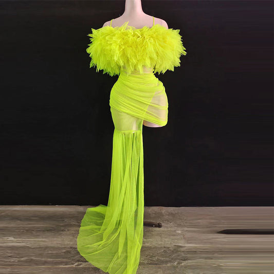 Vestido de hilo apilado con parte superior de tubo verde fluorescente de 2 piezas