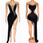 Sparkly Black Sleeveless Rhinestone Dress Beveled Slit Dress