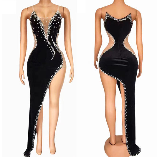 Sparkly Black Sleeveless Rhinestone Dress Beveled Slit Dress