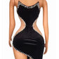 Sparkly Black Sleeveless Rhinestone Dress Beveled Slit Dress