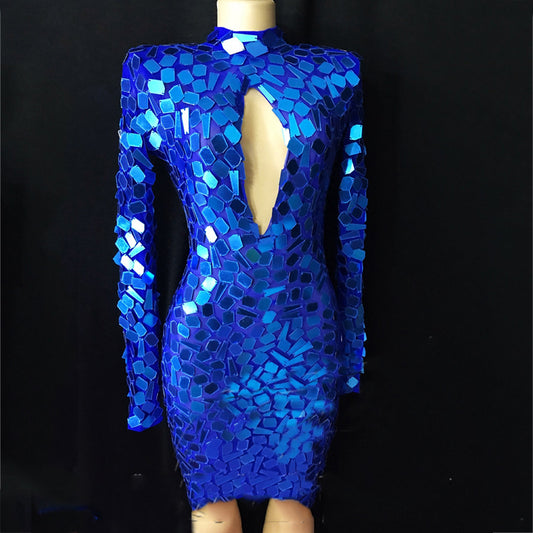 Lente azul brillante vestido corto falda elástica ropa de fiesta de noche