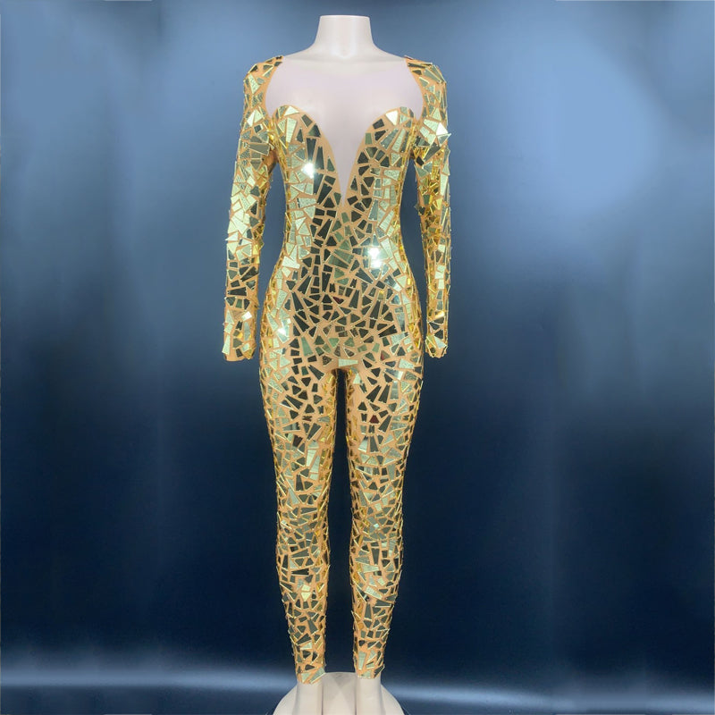 Traje de baile de malla de mono con espejos dorados brillantes