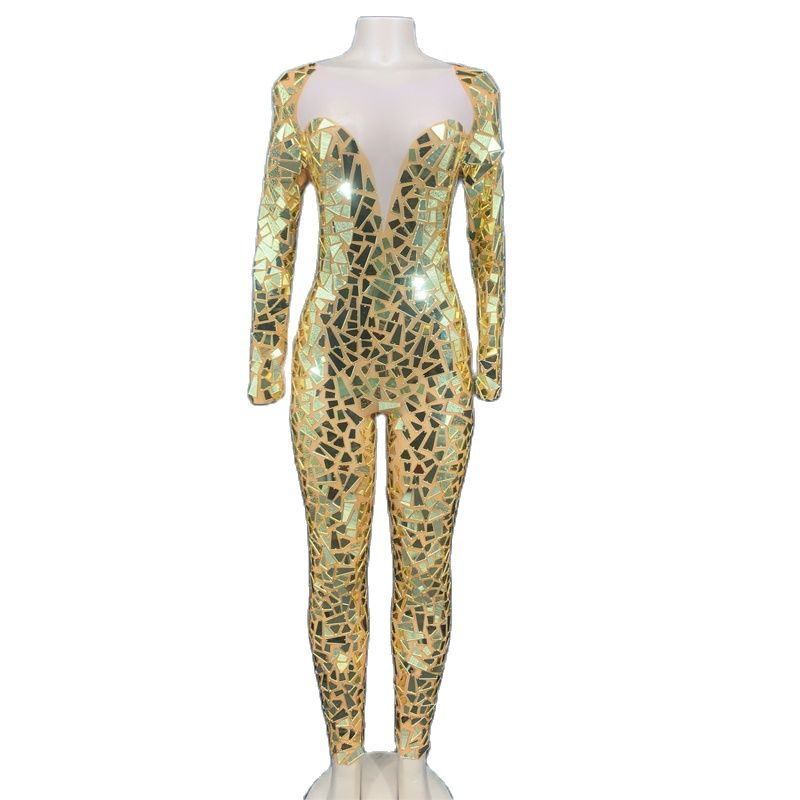 Traje de baile de malla de mono con espejos dorados brillantes